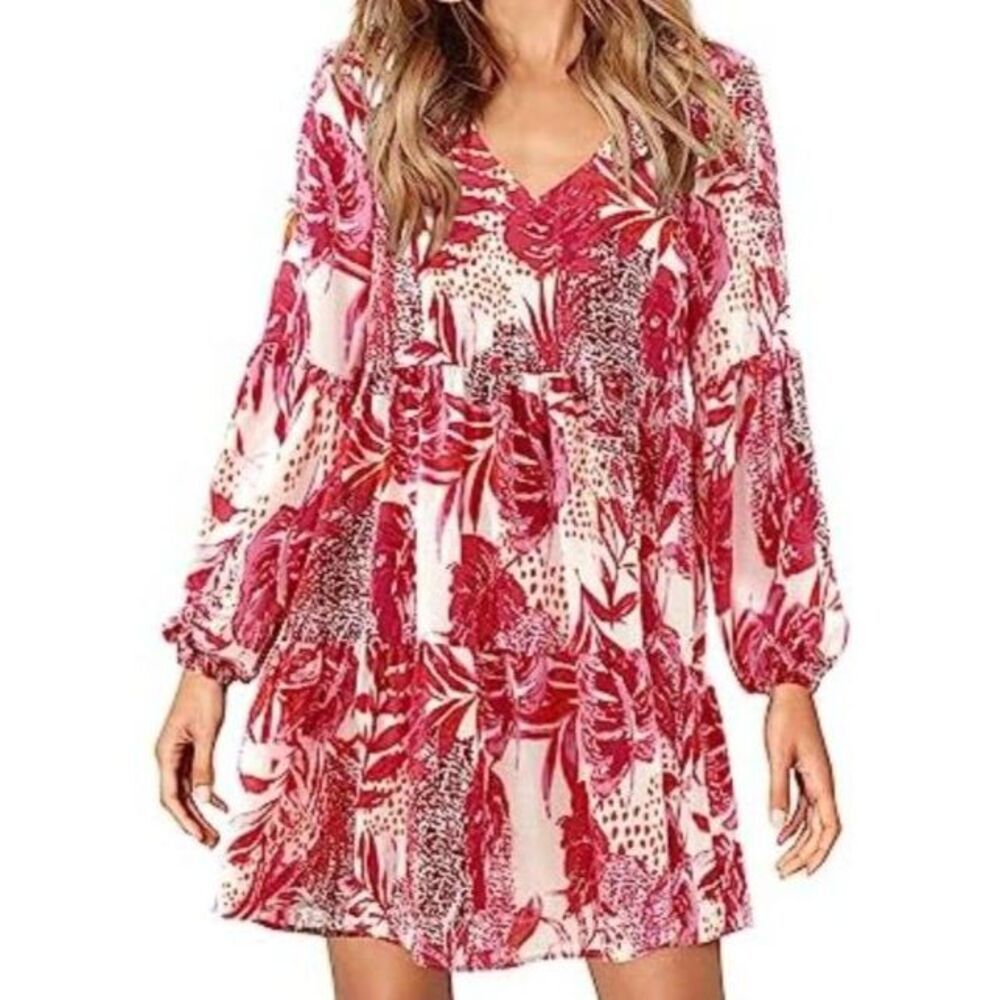 Women's Size Small Tunic Dress V Neck Casual Loose Flowy L / S Swing Dress, NEW